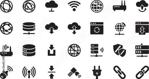Collection of network and internet technology icon set isolated on