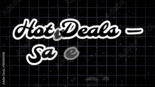 A black background with white lettering that says hot deals and sale in a retro style font