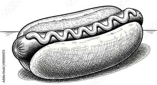 Vector illustration of classic hot dog with mustard in a bun