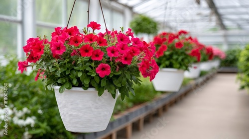 Red petunia flowers blooming in greenhouse hanging basket