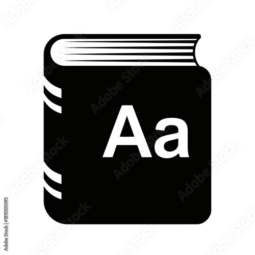 Vector illustration of black book icon with aa symbol for language, learning, white