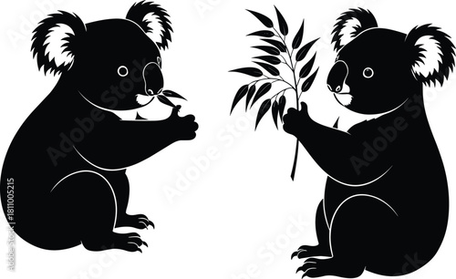 Two black silhouette koalas one eating eucalyptus leaves the other holding a branch of leaves