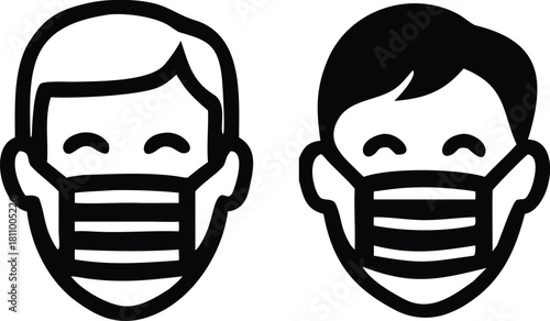 Two simple stylized faces wearing protective face masks for health and safety