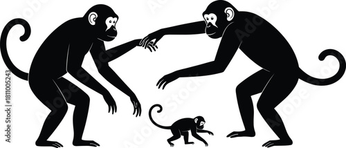 Two adult black monkeys reaching towards each other with a baby monkey in between on a white background