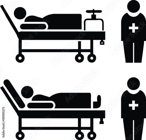 Medical icons representing patient care and healthcare professionals in a hospital setting