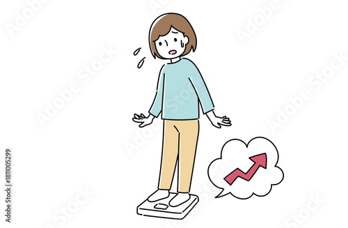 体重計に乗って体重増加に気づいて焦る女性のイラスト