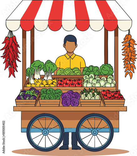 Vibrant vector illustration of a friendly vendor standing at his traditional wooden pushcart market stall, proudly selling a colorful assortment of fresh, local, and organic produce under a striped aw