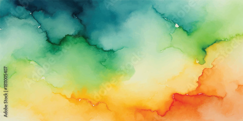 Abstract colorful watercolor background texture with blue sky, clouds, and bright sunlight