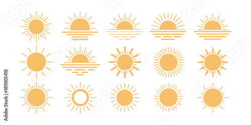 A comprehensive collection of diverse minimalist sun icons and abstract symbols, perfect for summer, weather, and light concepts. Vector