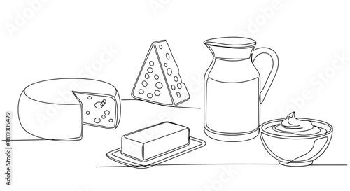 Vector illustration of various dairy products line art illustration, including cheese, milk, and butter