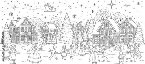 Vintage winter village scene with children playing and Santa in a sleigh overhead