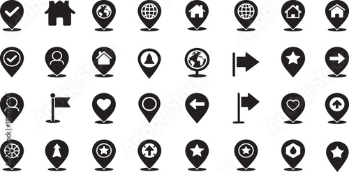 Collection of black map pin location marker icon set isolated on