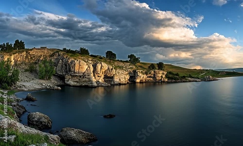 Dramatic Sky Over Serene Lake and Rocky Cliffs at Sunset Panorama