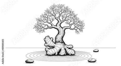 Vector illustration of ginger root growing into a tree with zen stones