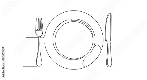 Vector illustration of continuous line drawing of a plate, fork, and knife for dining