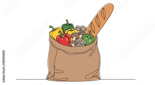 Vector illustration of paper bag with fresh produce and baguette