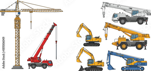 Construction equipment vector set with tower crane, mobile crane, excavator, digging bucket, boom arm, heavy machinery, engineering vehicle, black illustration, flavector