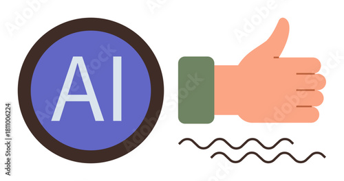 Thumbs-up hand gesture next to AI text in a circle with wavy lines. Ideal for technology, artificial intelligence, approval, innovation, progress, collaboration, feedback. Simple flat metaphor