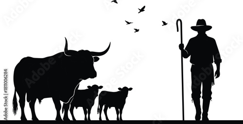 Farmer with cows and calves silhouette, rural scene, birds flying, black and white vector illustration, peaceful agriculture lifestyle, animal husbandry, flavector