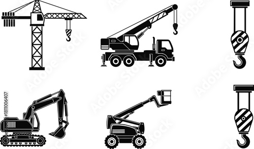 Construction equipment vector set, tower crane, mobile crane, excavator, cherry picker, crane hook, black and white illustration, heavy machinery silhouette, industrial gear, flavector