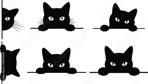 Black cat peeking over edge vector illustration set