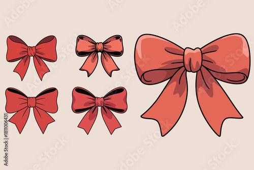 Collection of hand drawn red bows in various sizes and styles