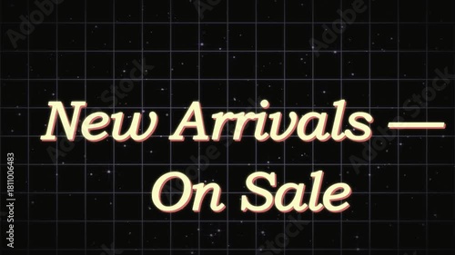 New arrivals on sale text with retro font on black grid background with white dots scattered around