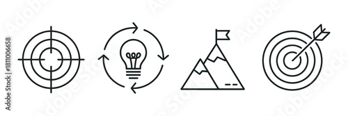 Strategic business planning, innovation cycle, setting ambitious goals, overcoming challenges, and ultimate success vector line icons. Vector
