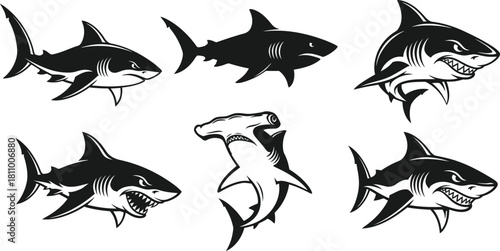 Shark silhouette collection vector illustration set black and white