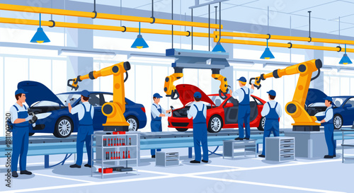 Automotive factory assembly line with robotic arms and workers building cars in a modern industrial setting