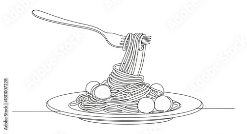 Vector illustration of continuous line drawing of spaghetti with meatballs isolated on