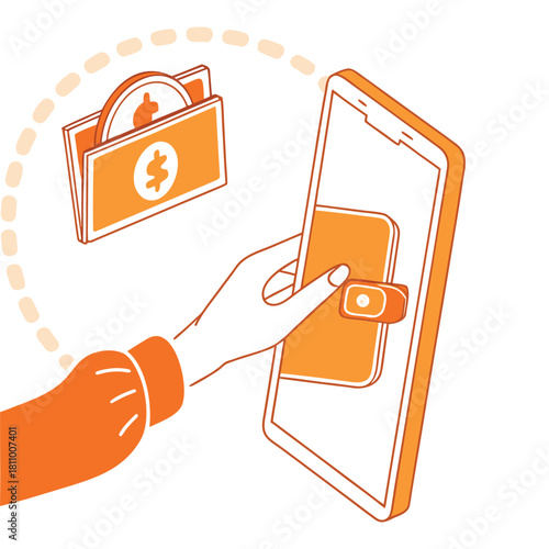 Hand paying with mobile phone, digital wallet with currency for online payment and transactions