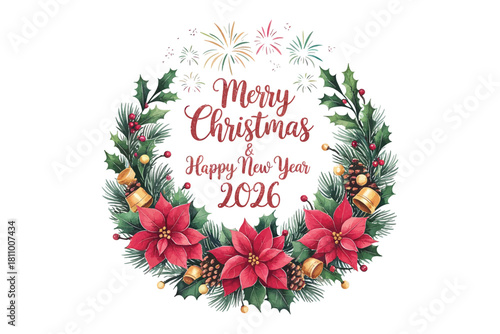 Festive christmas wreath with poinsettias and bells for the new year
