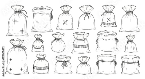 Vector illustration of set of sack isolated on, hand drawn vector illustration