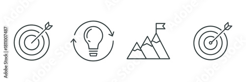 Business strategy, idea generation, innovation, goal achievement, and challenge line icon set, fully editable vector graphics Vector