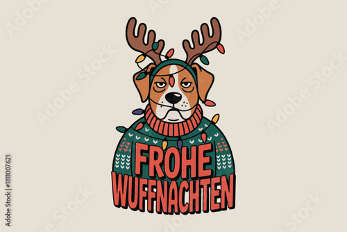 Funny dog wearing christmas sweater and antlers with lights