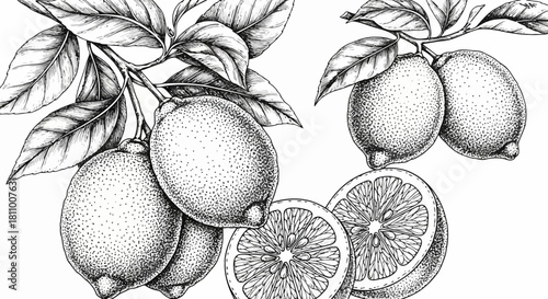 Vector illustration of hand drawn lemon branch with leaves and sliced lemons isolated on