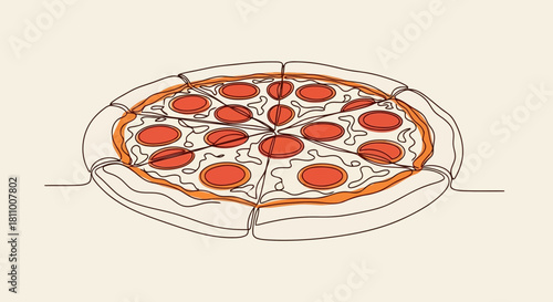 Vector illustration of delicious pepperoni pizza in continuous line drawing isolated on
