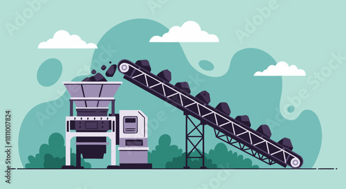 Heavy industry machinery featuring a conveyor belt moving quarried minerals or coal from a crushing plant in a flat design graphic