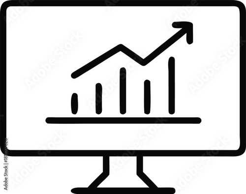 A monitor displaying a bar chart with an upward-pointing arrow.
