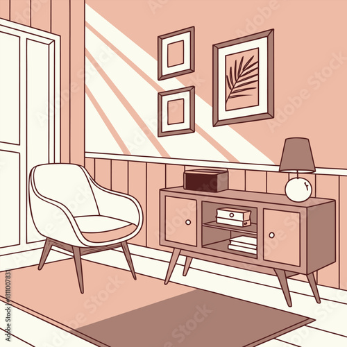 Mid-century pastel living room with wooden-leg furniture and light coral wall – clean detailed 2D vector illustration