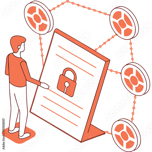 Isometric Blockchain Concept Man Interacting with Document Secure Lock Connected to Network Nodes
