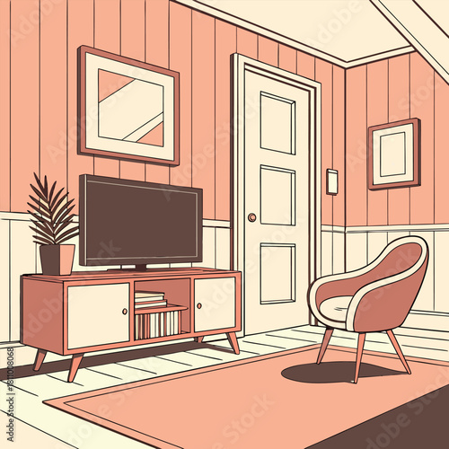 Pastel interior with mid-century modern furniture, warm morning sunlight and stylish living space – flat 2D vector design