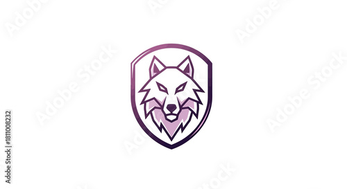Stylized wolf head mascot inside a modern shield emblem. Vector graphic illustration with a vibrant purple gradient, symbolizing strength and security