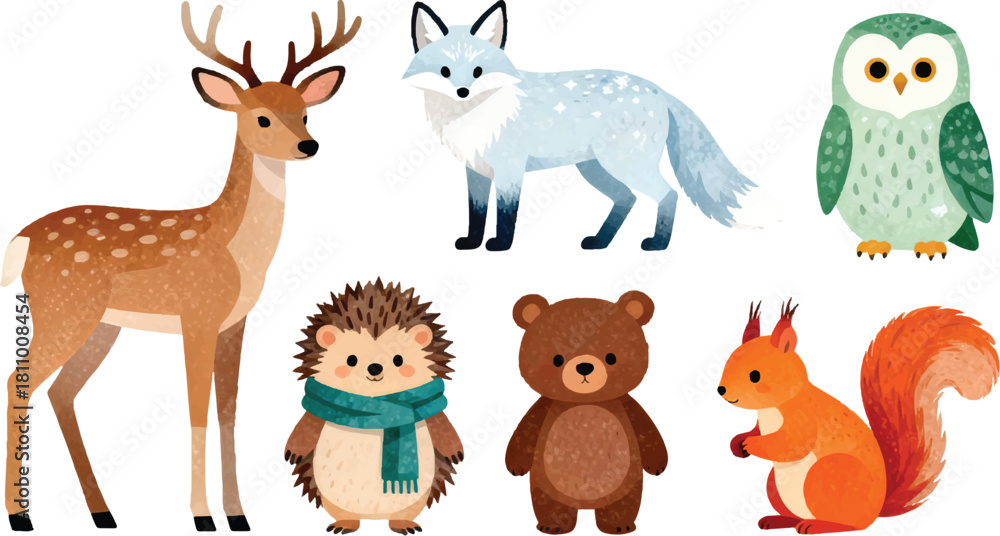Naklejka premium Winter Forest Animals Textured Vector Pack, Deer, Fox, Snow Hare, Owl, Bear and Woodland Wildlife Icons
