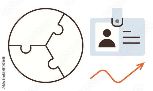 Puzzle globe symbolizes teamwork, ID card represents identification, orange arrow indicates growth. Ideal for networking, business, collaboration, identity, global reach, teamwork development