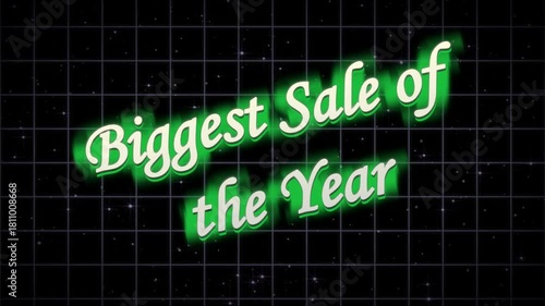 Biggest sale of the year text in green neon on black grid background with small white dots