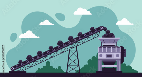 Illustration of a coal conveyor belt system transporting and processing the mineral with industrial machinery and elements