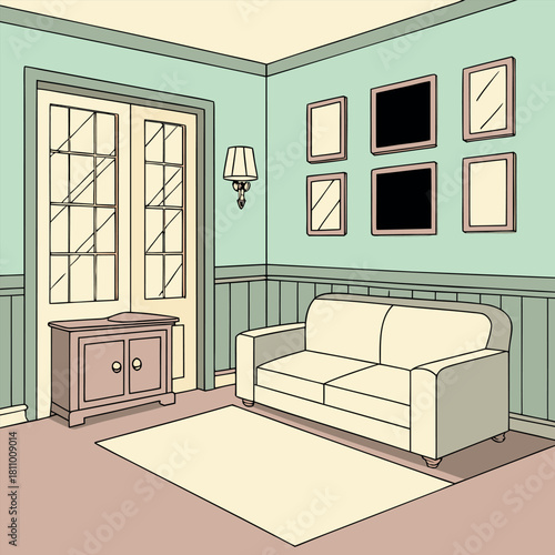 Pastel living room with soft teal wall, sofa and side cabinet vector illustration