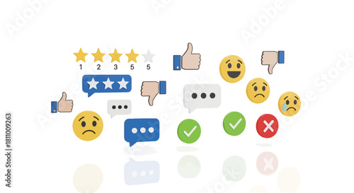 A comprehensive collection of user feedback icons including star ratings, likes, dislikes, and emotion symbols for customer experience evaluation